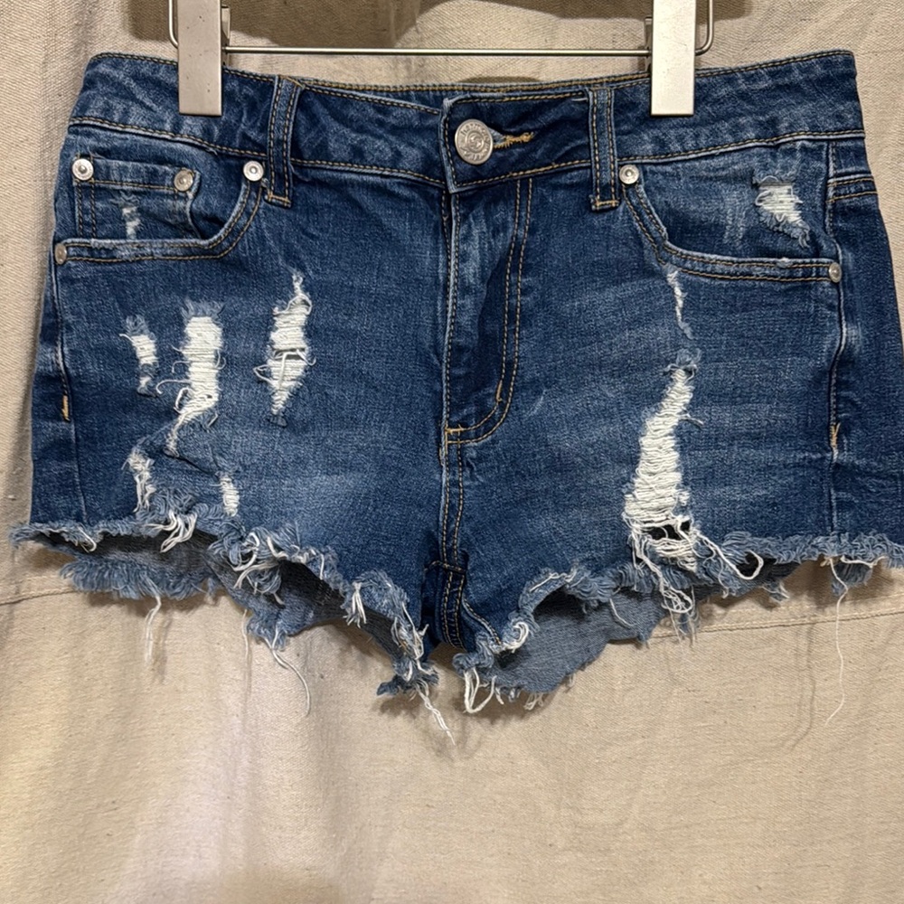 Blue High-Waisted Stretch Distressed Jean Shorts